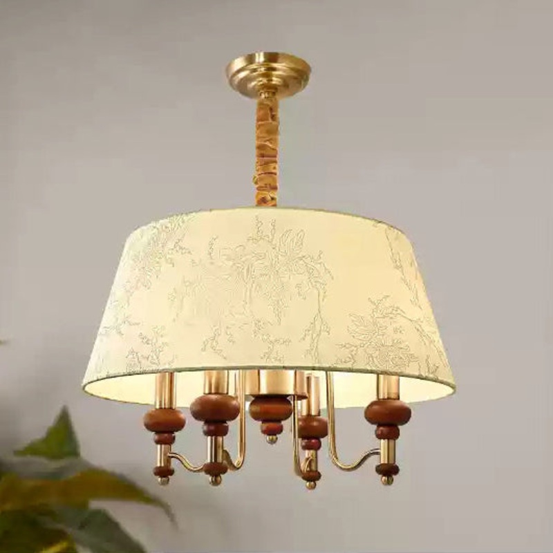Traditional French Round Candle Holder Solid Wood Iron Frame Fabric Shade 4-Light Chandelier For Living Room