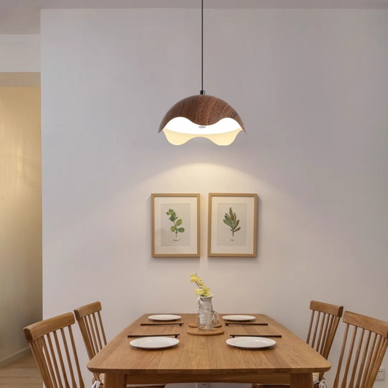 Traditional Japanese Iron Walnut Wood Grain Eggshell LED Pendant Light For Living Room