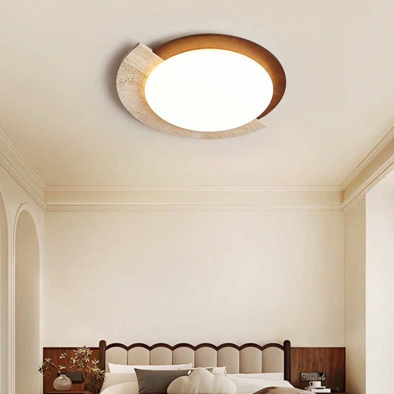 Traditional Japanese Round Travertine Acrylic LED Flush Mount Ceiling Light For Bedroom