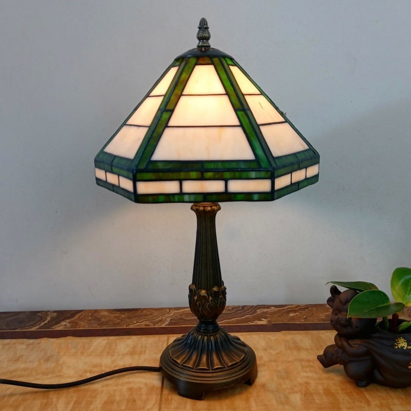 Traditional Vintage Resin Base Conical Glass Lampshade Grid 1 - Light Table Lamp For Living Room