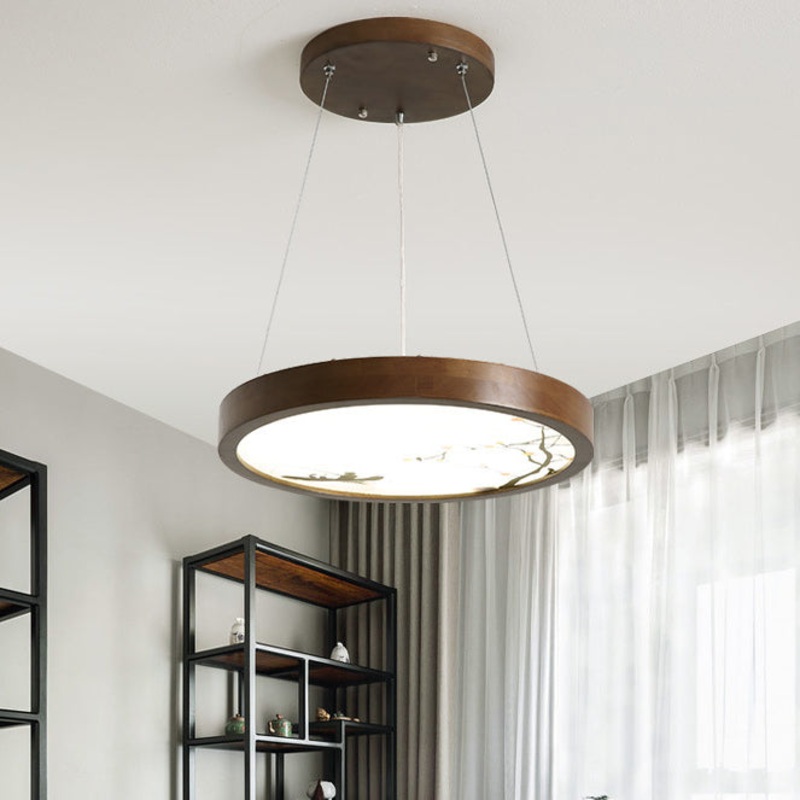 Traditional Vintage Round Wood Acrylic LED Chandelier For Living Room