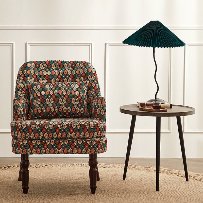 Traditional Vintage Square Cotton Linen Solid Wood Accent Chair Backrest Armrest For Living Room