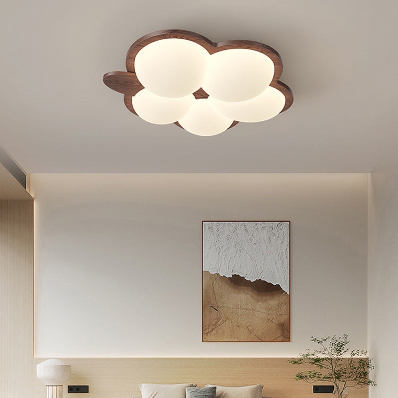 Contemporary Creative Flower Rubberwood PE LED Flush Mount Ceiling Light For Bedroom