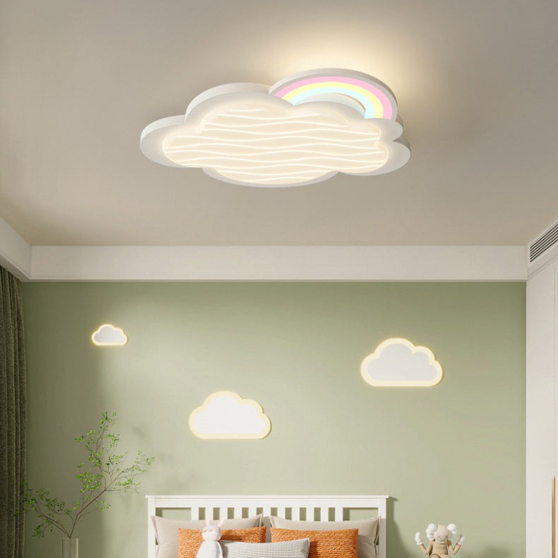 Contemporary Creative Kids Cartoon Cloud Sun Rainbow Iron Acrylic LED Flush Mount Ceiling Light For Bedroom