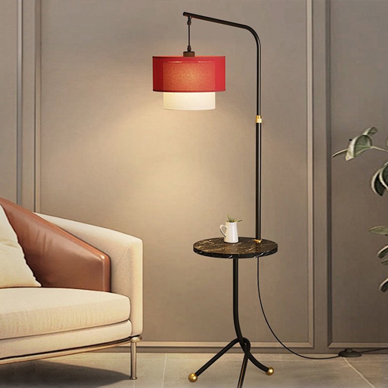 Contemporary Nordic Iron Base Marble Table Round Fabric Lampshade 1 - Light Standing Floor Lamp For Living Room