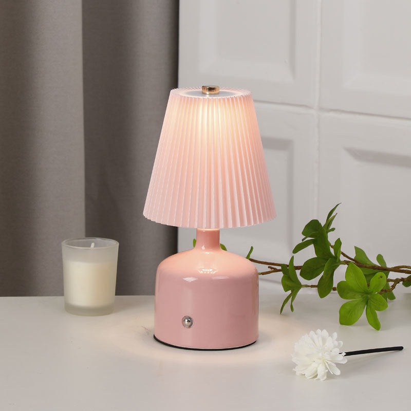 Contemporary Nordic USB Fabric Ceramic Conic Pleated LED Table Lamp For Bedroom