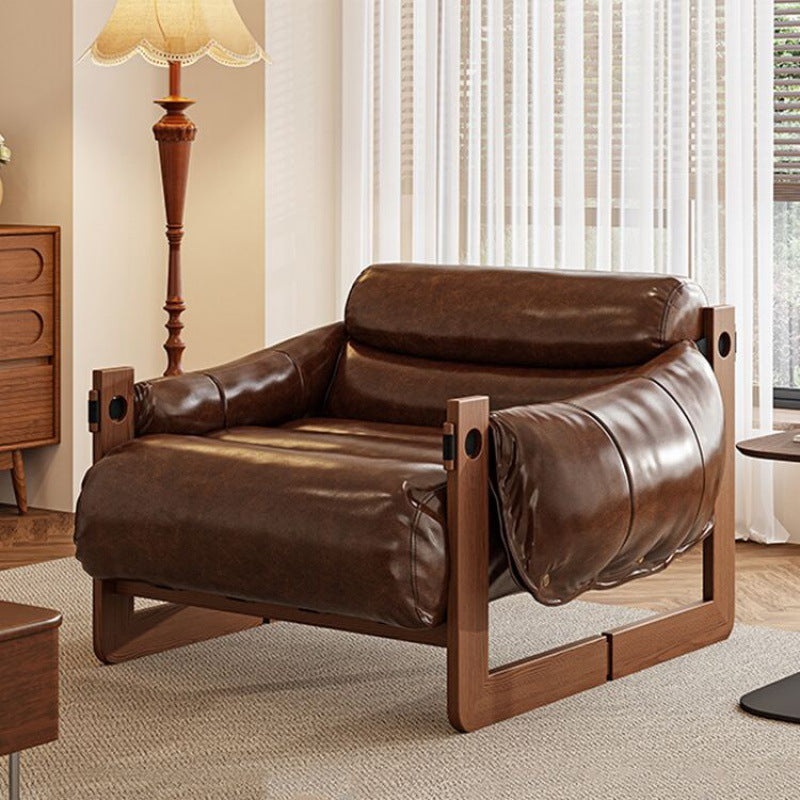 Contemporary Retro Leather Ash Wood Cotton Down Square Accent Chair Backrest Armrest For Living Room