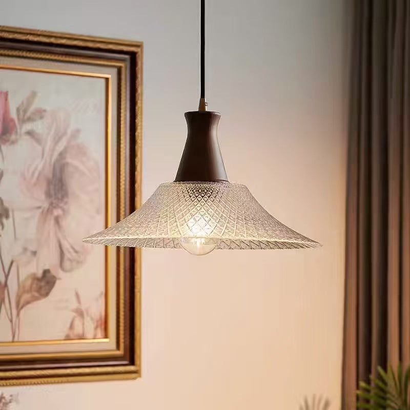 Contemporary Retro Solid Wood Conical Glass Shade 1-Light Pendant Light For Dining Room