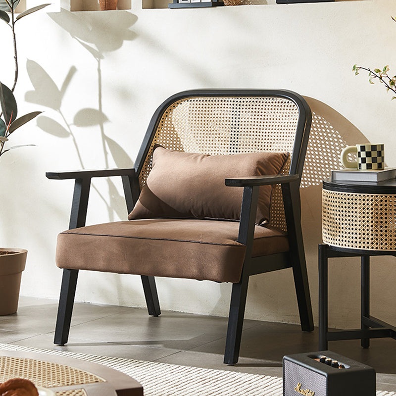 Contemporary Retro Square Solid Wood Rattan Weaving Fabric Upholstery Dining Chair Backrest Armrest For Living Room