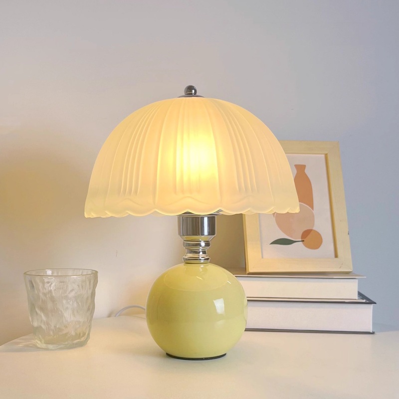 Modern Art Deco Ceramic & Frosted Glass Petal Shade 1-Light Table Lamp For Bedroom & Living Room