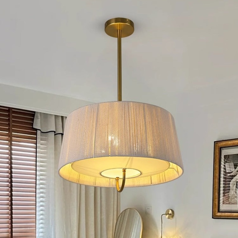 Modern Mid-Century Cylinder Fabric Ash Wood Alloy Hemp Rope Acrylic 3-Light Pendant Light For Living Room