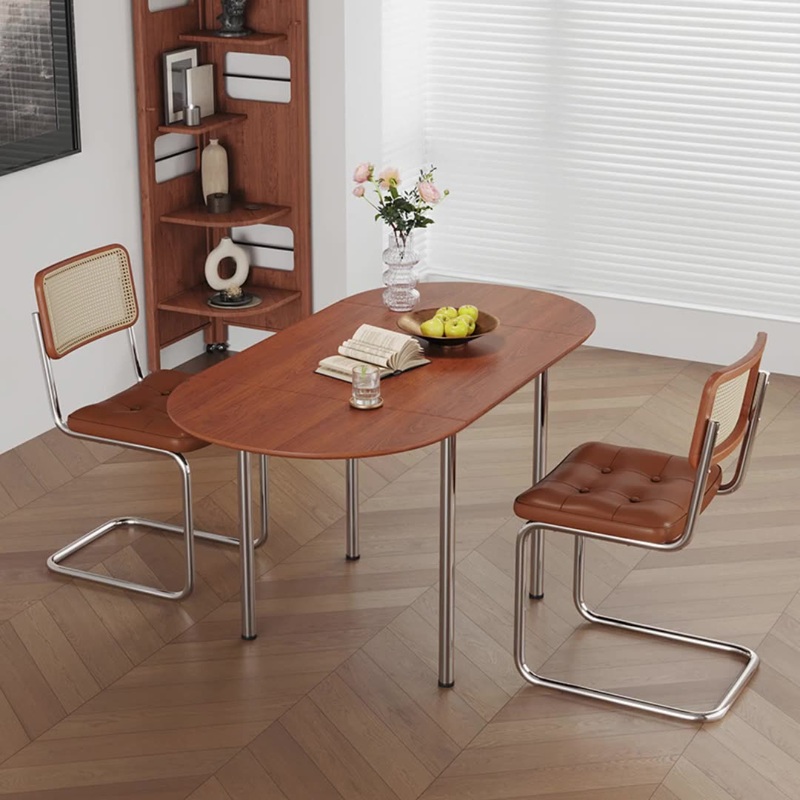 Modern Minimalist Foldable Oval Walnut Wood Stainless Steel Dining Table For 4 Seats