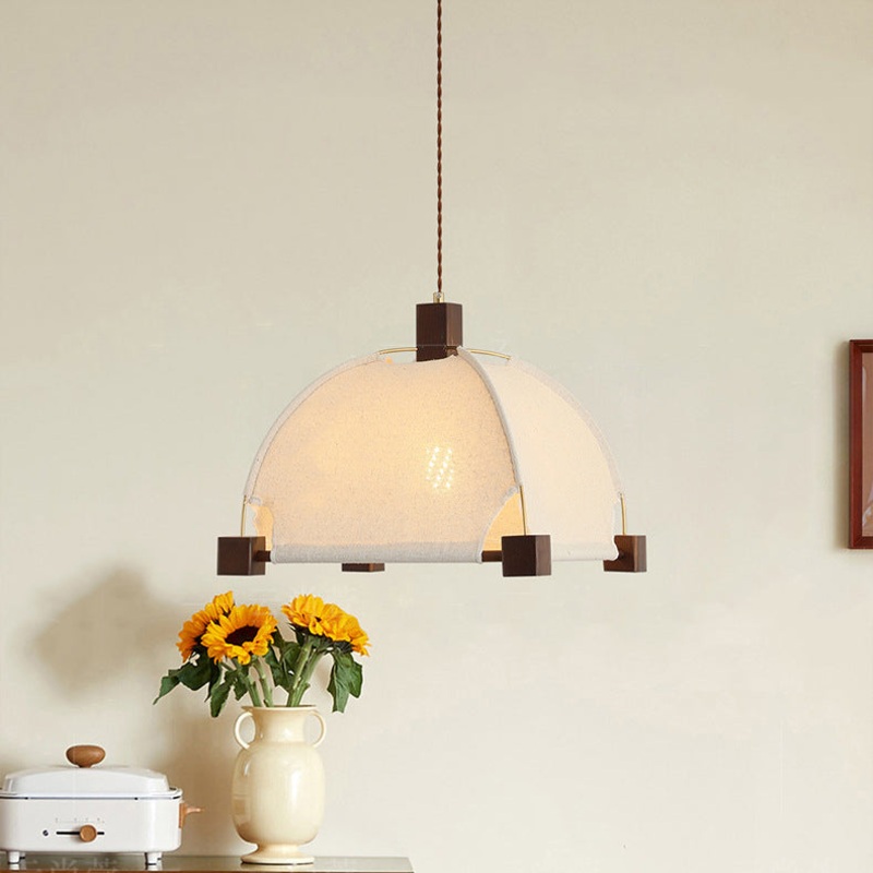 Traditional Chinese Arches Pavilion Shape Fabric Wood 1-Light Pendant Light For Living Room