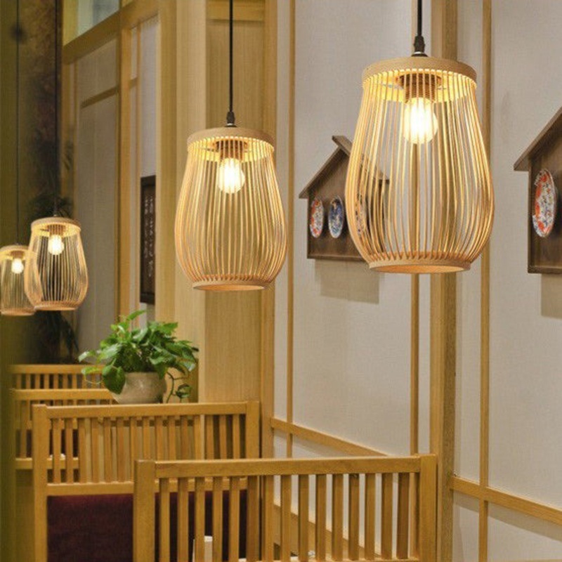 Traditional Chinese Bamboo Cylinder 1-Light Pendant Light For Living Room