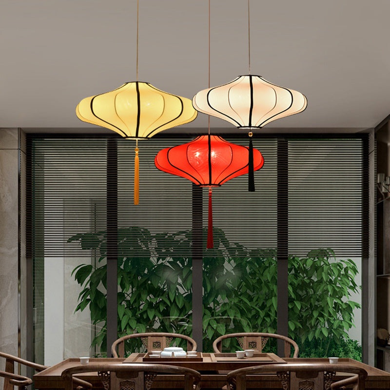 Traditional Chinese Lantern Shape Fabric Lampshade Hardware 1/3 - Light Chandelier For Dining Room