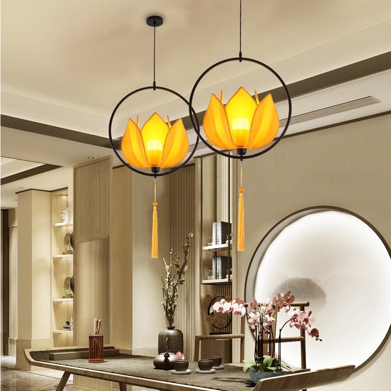 Traditional Chinese Lotus Cylinder Lantern Fabric Lampshade Iron 1 - Light Chandelier For Living Room