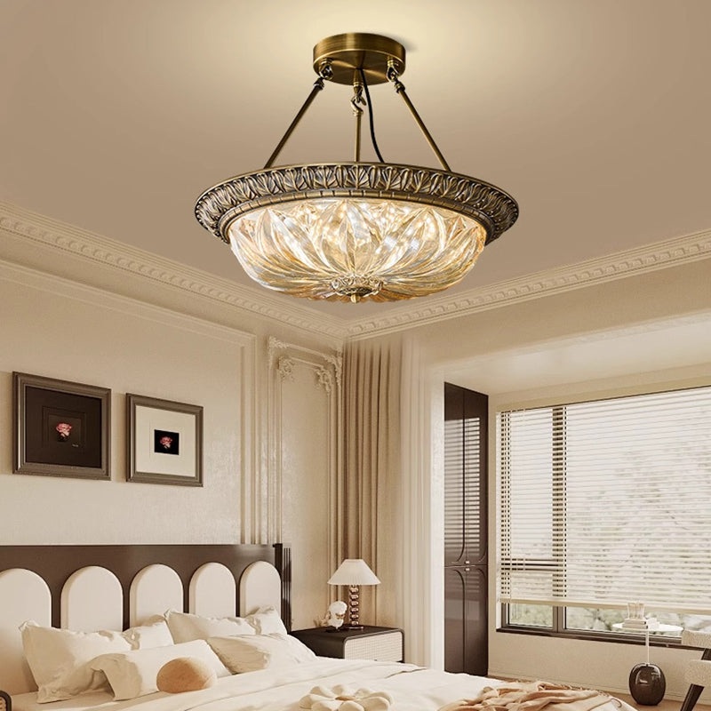 Traditional European Copper Glass Round Relief Sculpture LED Chandeliers For Bedroom