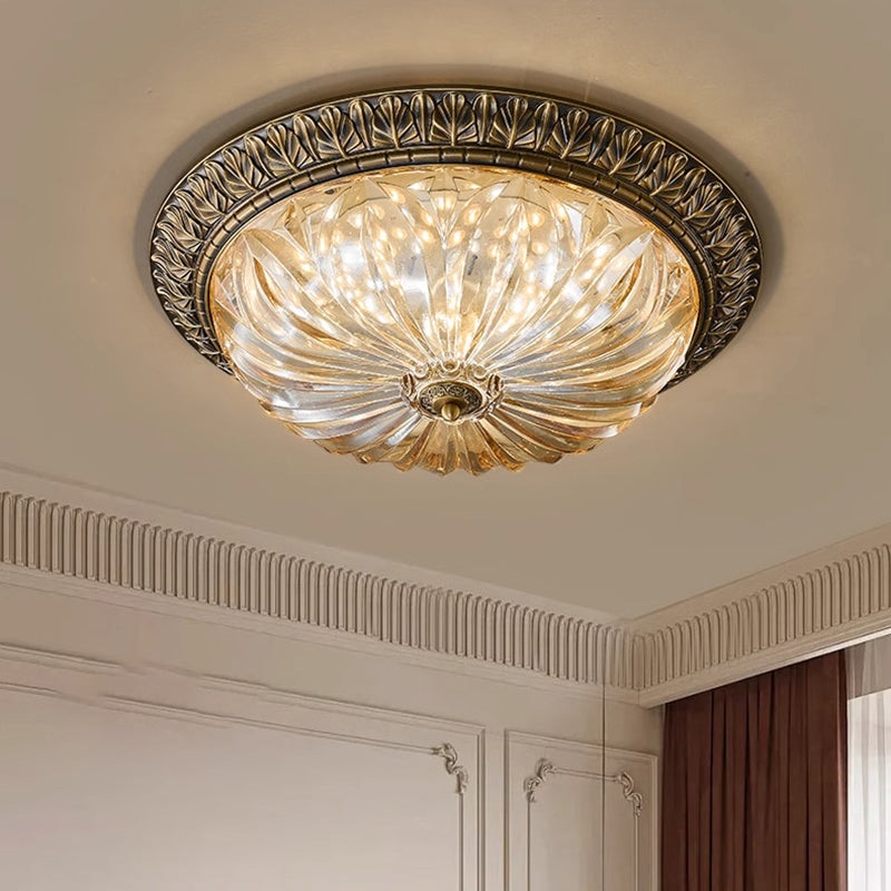 Traditional European Copper Glass Round Relief Sculpture LED Flush Mount Ceiling Light For Bedroom