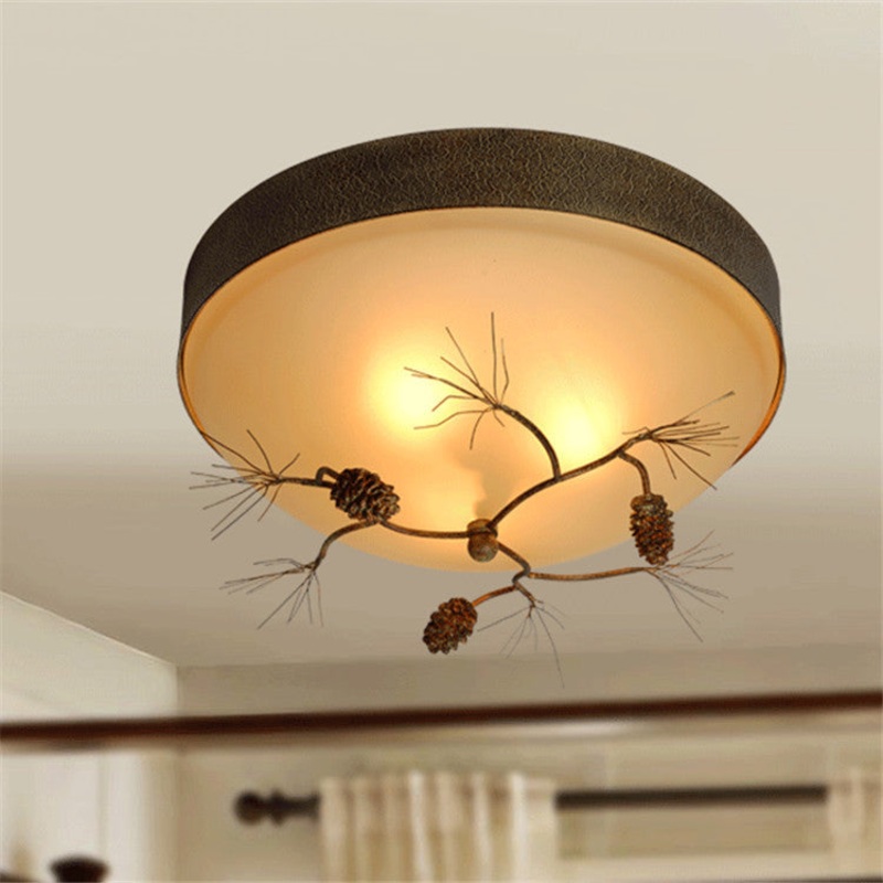 Traditional Farmhouse Pine Cone Cylinder Metal Glass 2/3 Light Flush Mount Ceiling Light For Living Room