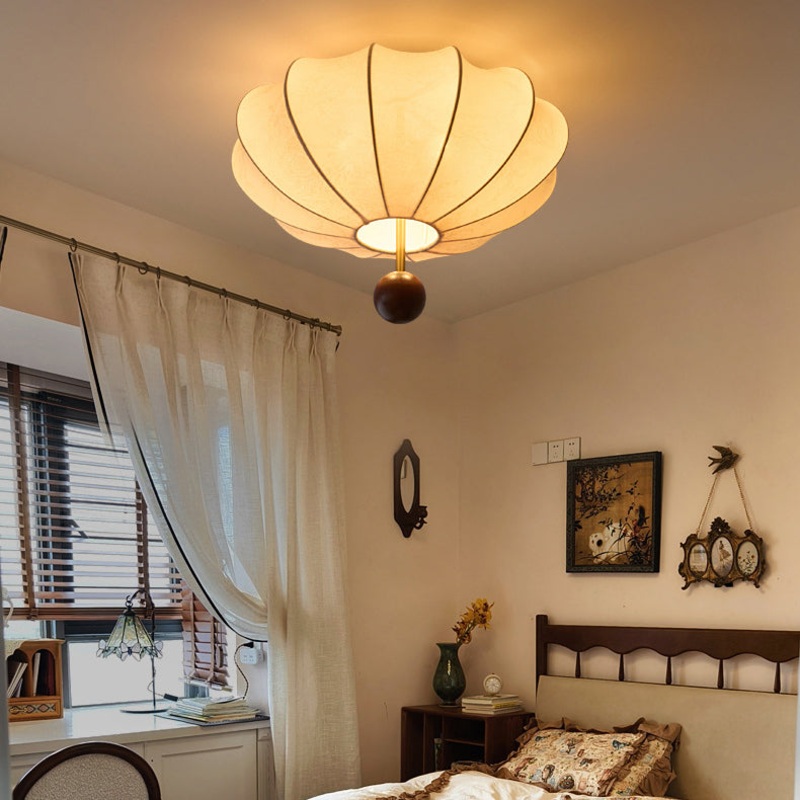 Traditional French Cream Round Oval Hardware Wood Fabric 3/4 Light Flush Mount Ceiling Light For Bedroom