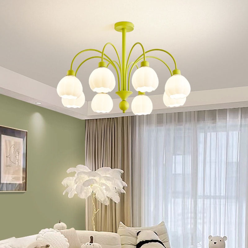 Traditional French Iron Frame Pumpkin Glass Shade 6/8-Light Chandelier For Living Room