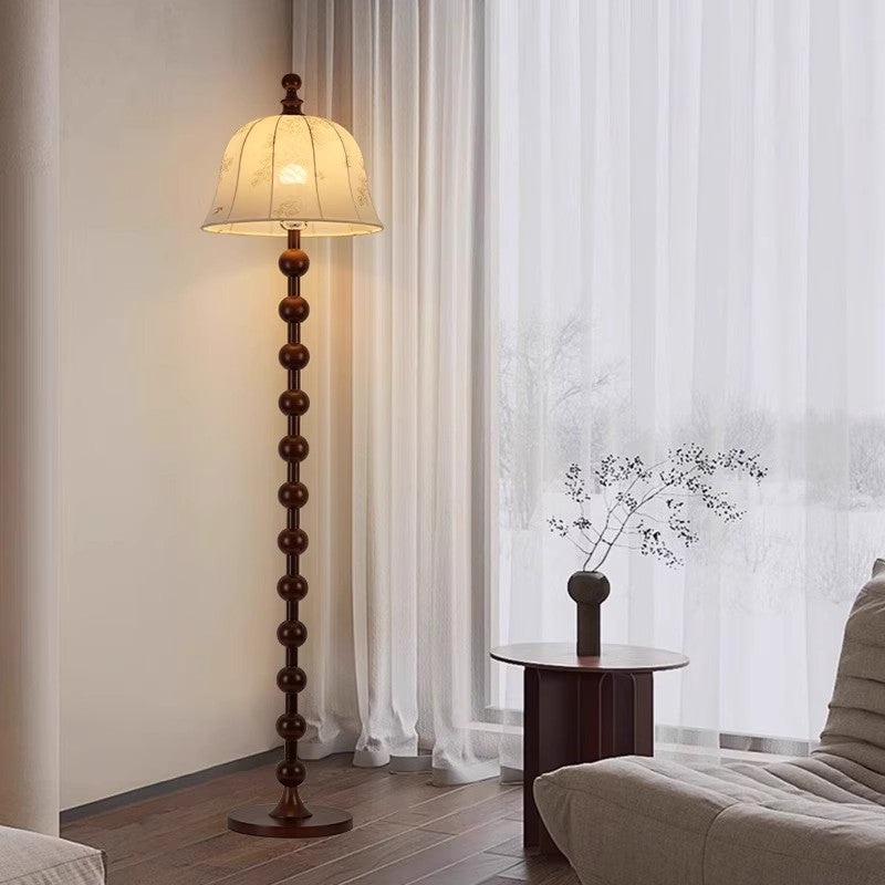 Traditional French Printed Fabric Round Shade Solid Wood Base 1-Light Standing Floor Lamp For Living Room