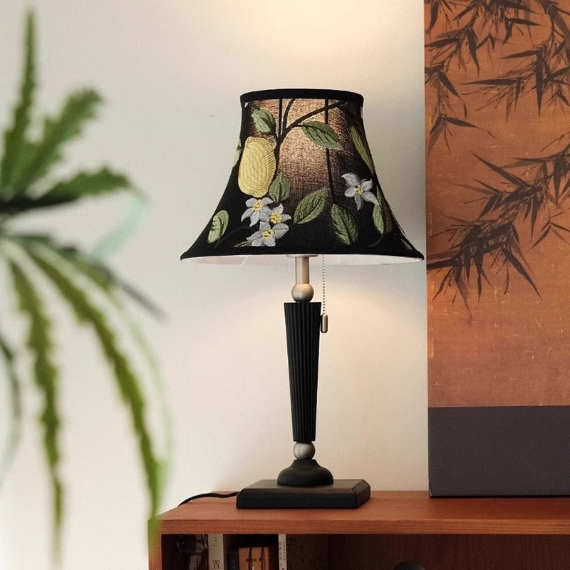 Traditional French Printed Round Fabric Shade Solid Wood Base 1-Light Table Lamp For Home Office