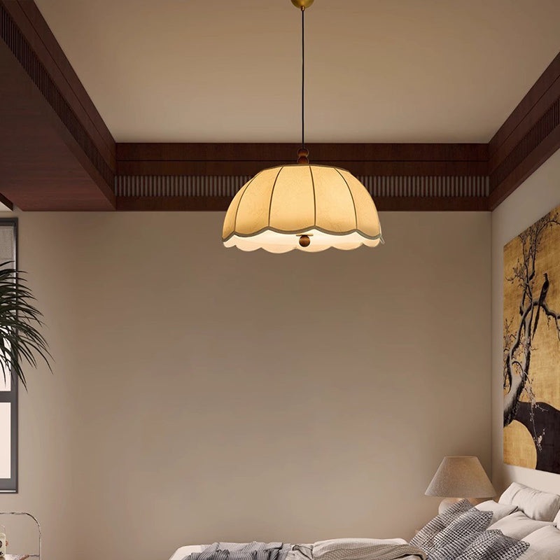 Traditional French Round Petal Wooden Beads Iron Fabric Shade 1-Light Pendant Light For Living Room