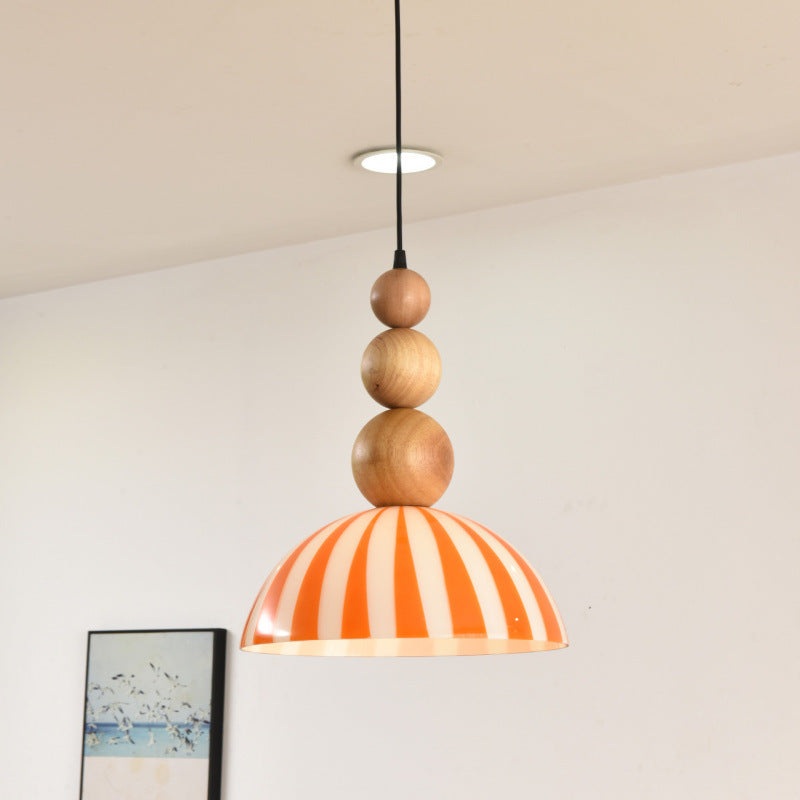 Traditional French Solid Wood Semi-Circular Stripe Glass Shade 1-Light Pendant Light For Living Room