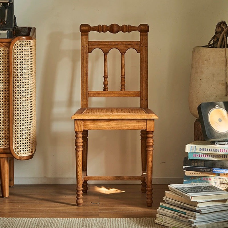 Traditional French Square Solid Wood Rattan Dining Chair Backrest Footrest For Dining Room