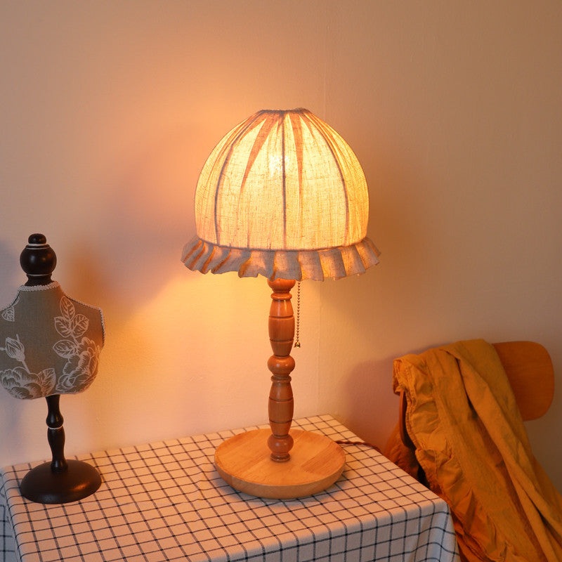 Traditional French Wood & Fabric Lace-Trim Dome Shade 1-Light Table Lamp For Bedroom & Living Room