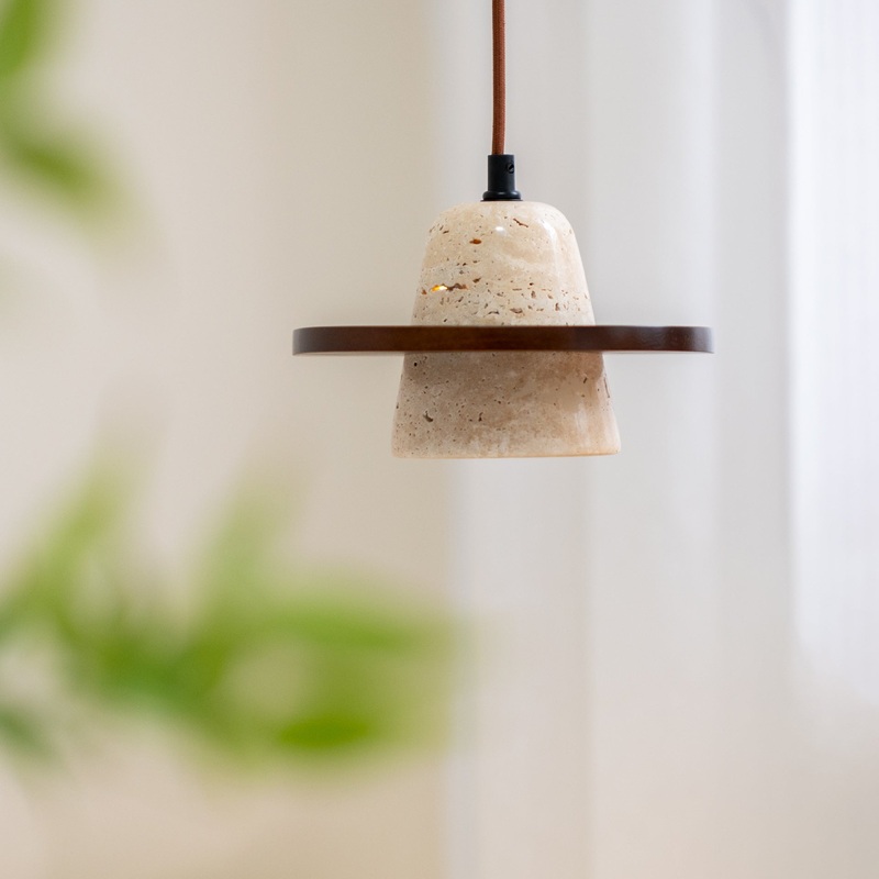 Traditional Japanese Round Cone Yellow Travertine Wood 1-Light Pendant Light For Living Room