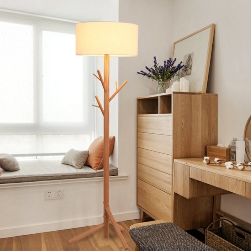 Traditional Japanese Twig Shaped Round Cylinder Wood Fabric 1-Light Standing Floor Lamp For Living Room