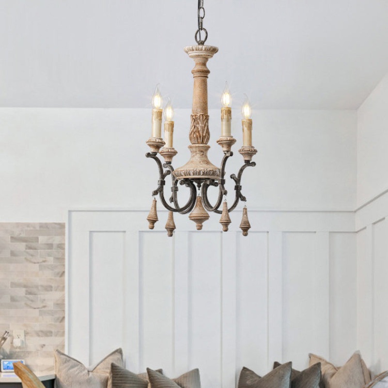 Traditional Vintage Carved Candle Shape Round Ironwood 4/6 Light Chandelier For Living Room