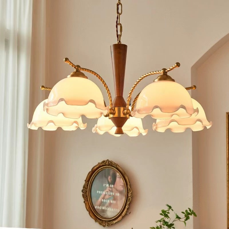 Traditional Vintage Floral Branch Curved Glass Wood Brass 3/5 Light Chandelier For Living Room
