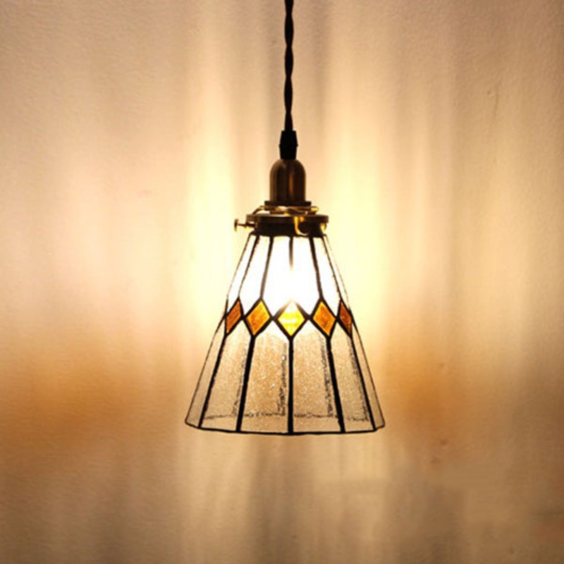 Traditional Vintage Iron & Glass Ribbed Cone 1-Light Pendant Light For Bedroom & Living Room