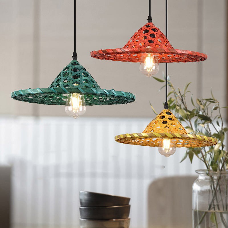 Contemporary Boho Hat Shape Bamboo Weaving Lampshade Iron 1 - Light Pendant Light For Dining Room