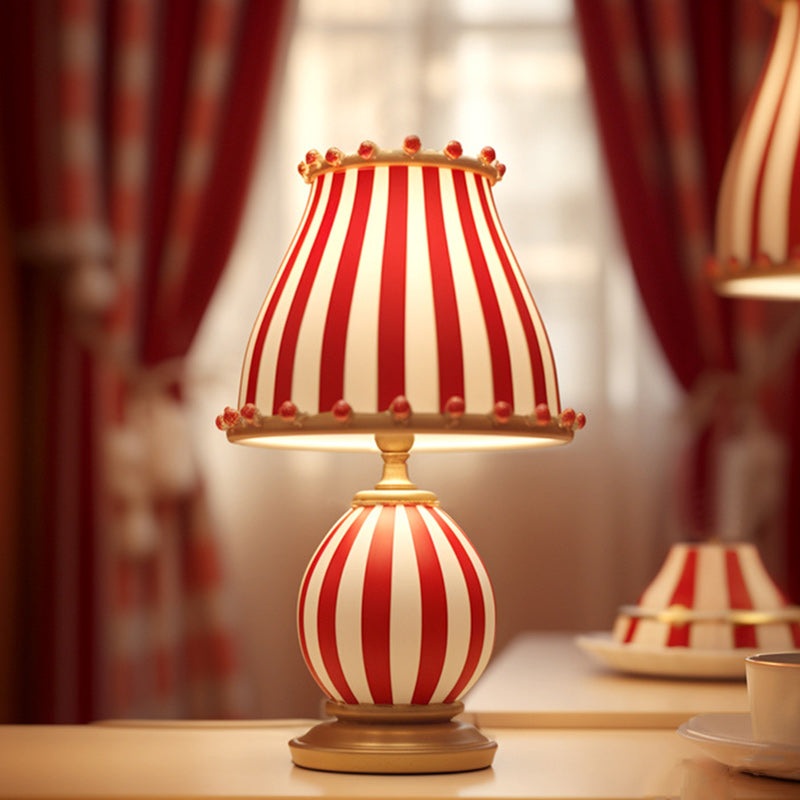 Contemporary Creative Circus Red & White Striped Glass Round Shade Resin Base 1-Light Table Lamp For Bedroom