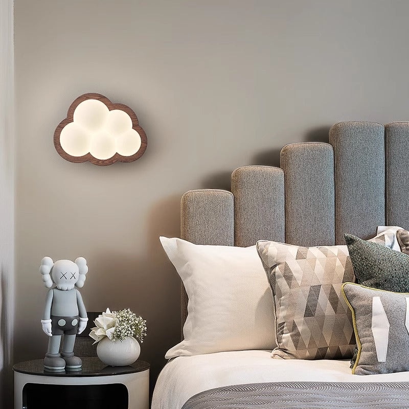 Contemporary Creative Cloud Wood Base PE Shade LED Wall Sconce Lamp For Bedroom