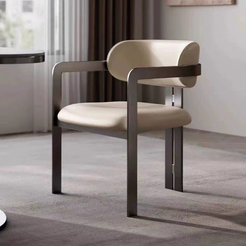 Contemporary Nordic Square Upholstered Stainless Steel Frame Leather Dining Chair Curved Backrest Armrest for Dining Room