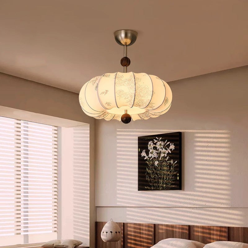 Contemporary Retro Pumpkin Fabric Hardware 1-Light Pendant Light For Living Room