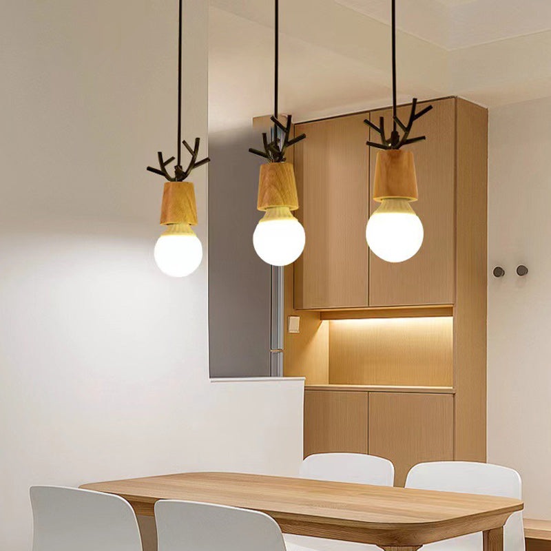 Contemporary Scandinavian Antler Cylinder Long Round Wood Metal 3-Light Chandelier For Living Room