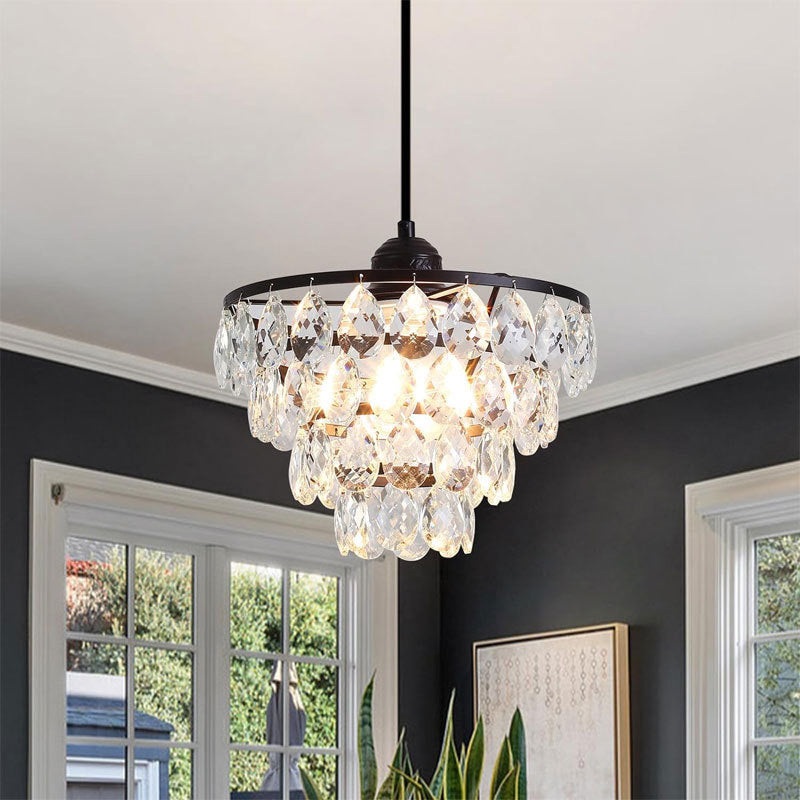 Contemporary Scandinavian Tapered Round Crystal Iron 1-Light Pendant Light For Living Room