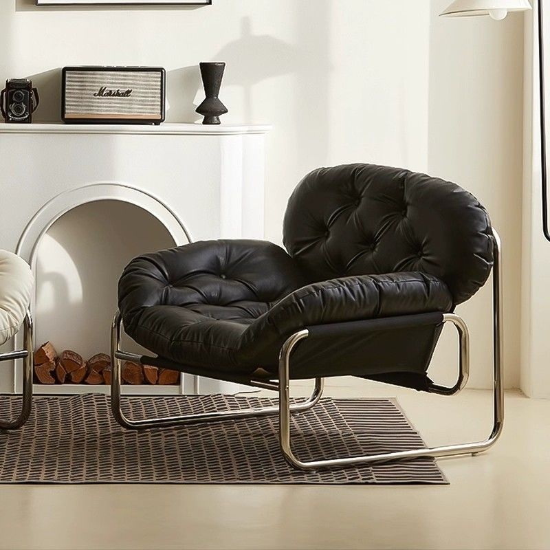 Contemporary Scandinavian Tufted Leather Upholstered Stainless Steel Accent Chair For Living Room