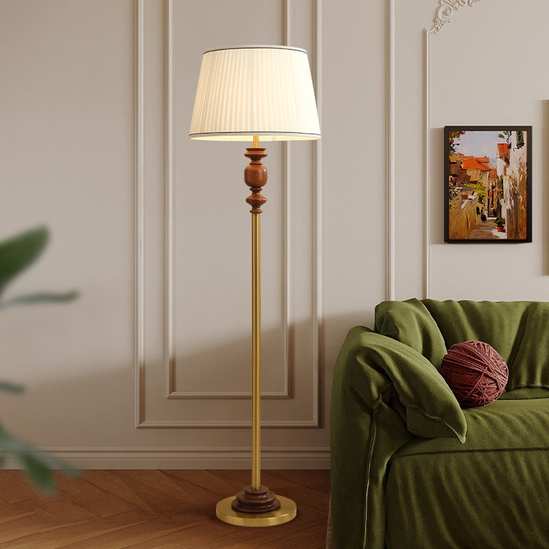 Contemporary Simplicity Cylinder Pleated Fabric Shade Solid Wood Hardware 1-Light Standing Floor Lamp For Living Room