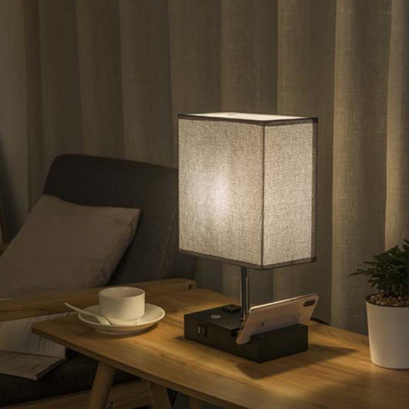 Contemporary Simplicity Fabric Rectangular Shade Iron Phone Holder 1-Light Table Lamp For Bedroom