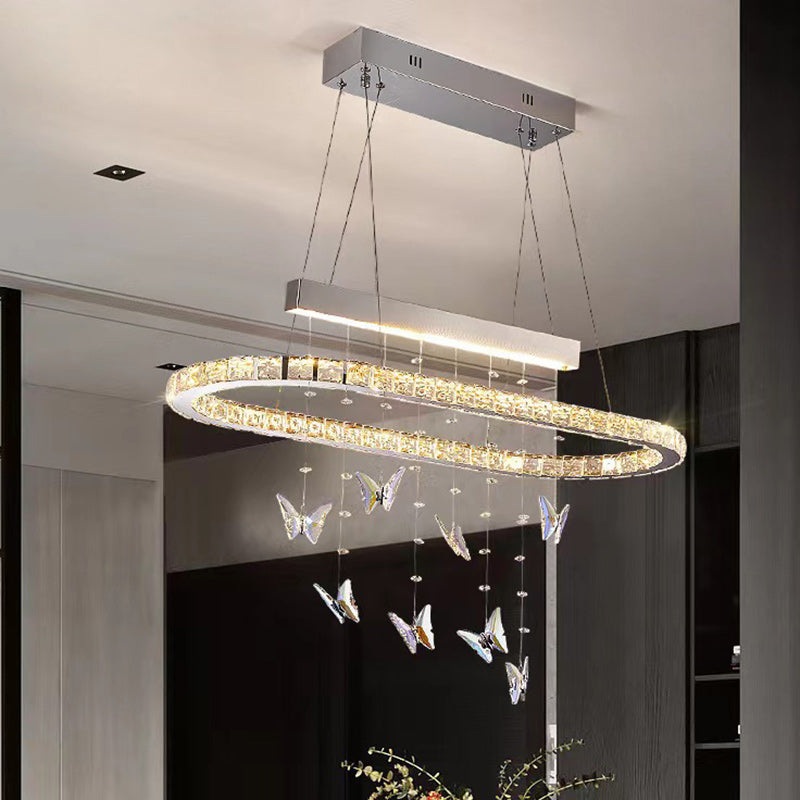 Modern Luxury Round Oval Long Butterfly Crystal Stainless Steel LED Island Light Chandelier For Dining Room