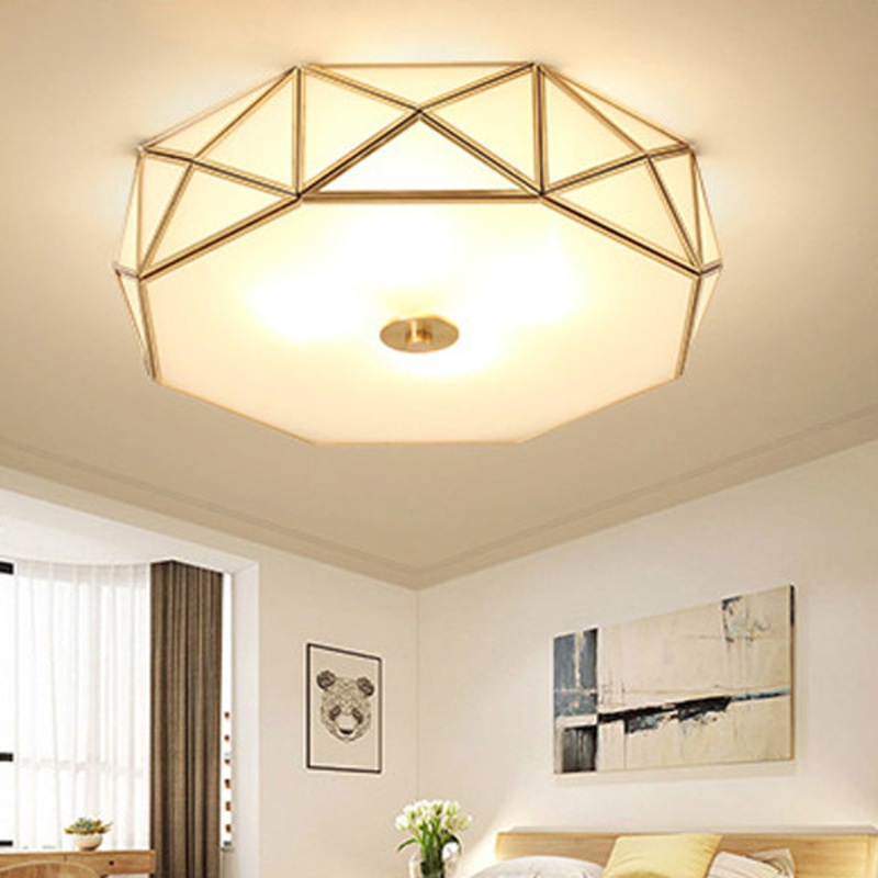 Modern Mid-Century Round Octagonal Copper Glass 3/4/6 Light Flush Mount Ceiling Light For Bedroom