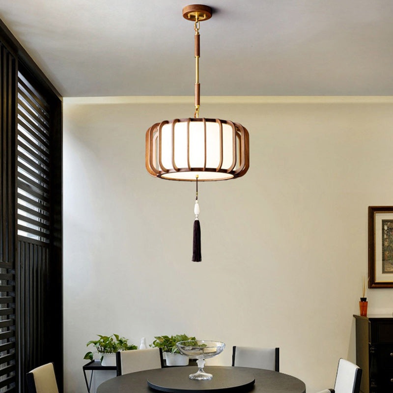Traditional Chinese Lantern Shape Acrylic Lampshade Walnut Brass 3/5 - Light Chandelier For Dining Room