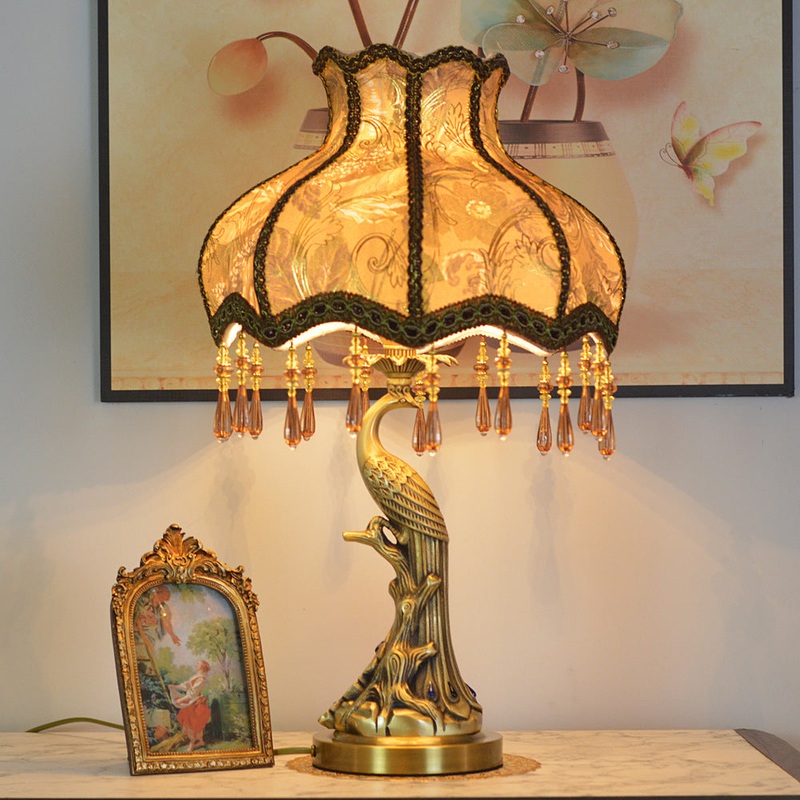 Traditional European Fabric Tassel Shade Antique Brass Peacock Base 1-Light Table Lamp For Bedroom